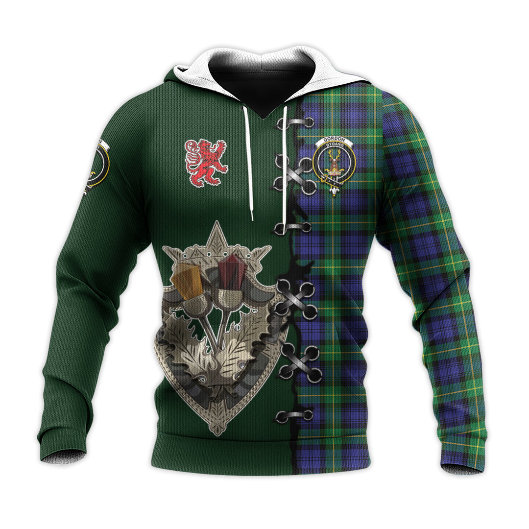 Printivon Gordon Modern Tartan Hoodie Lion Rampant And Celtic Thistle Style