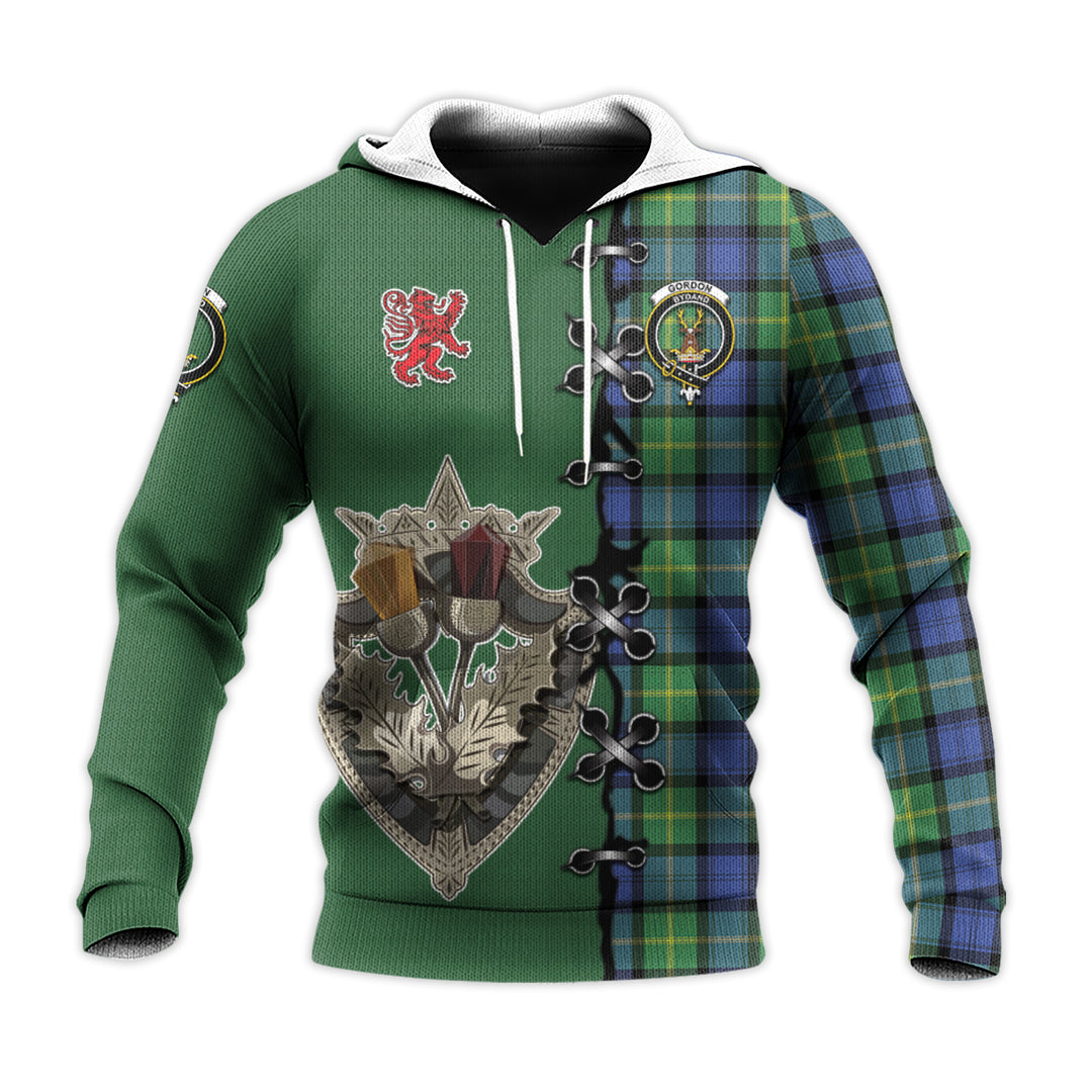 Printivon Gordon Old Ancient Tartan Hoodie Lion Rampant And Celtic Thistle Style