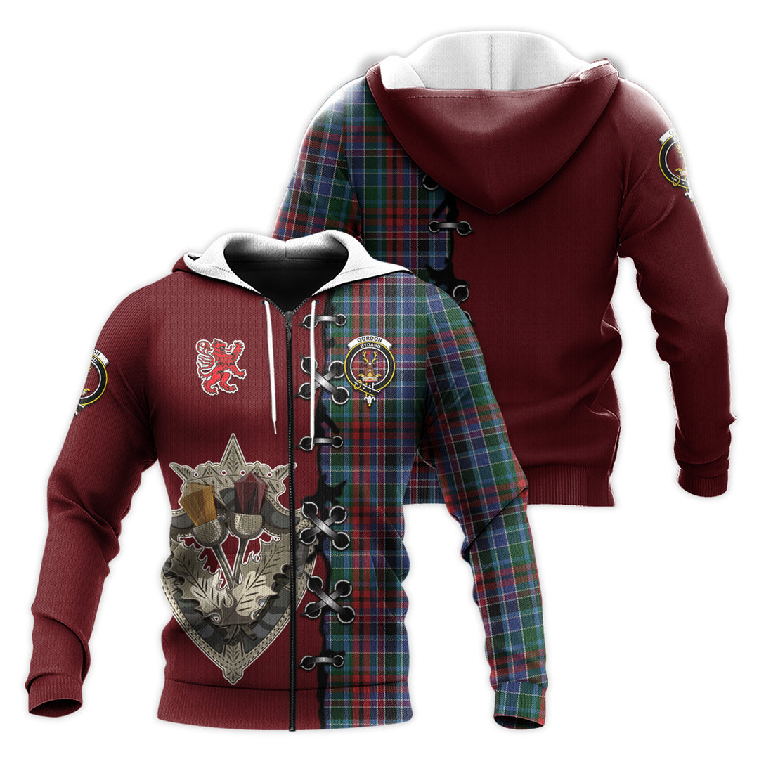 Printivon Gordon Red Tartan Hoodie Lion Rampant And Celtic Thistle Style