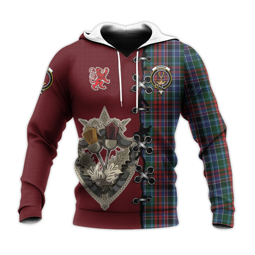 Printivon Gordon Red Tartan Hoodie Lion Rampant And Celtic Thistle Style