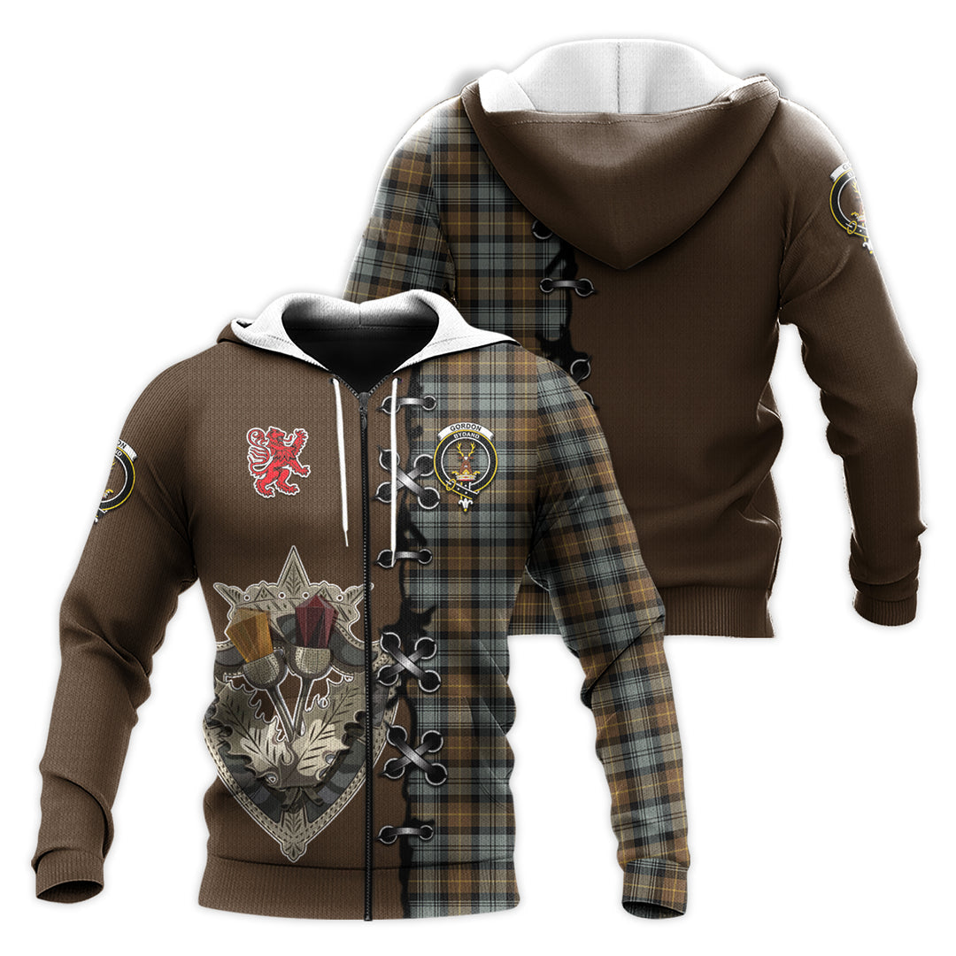 Printivon Gordon Weathered Tartan Hoodie Lion Rampant And Celtic Thistle Style