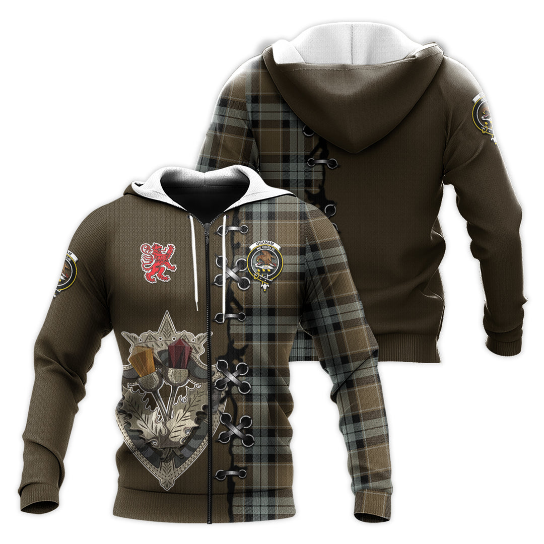 Printivon Graham Of Menteith Weathered Tartan Hoodie Lion Rampant And Celtic Thistle Style
