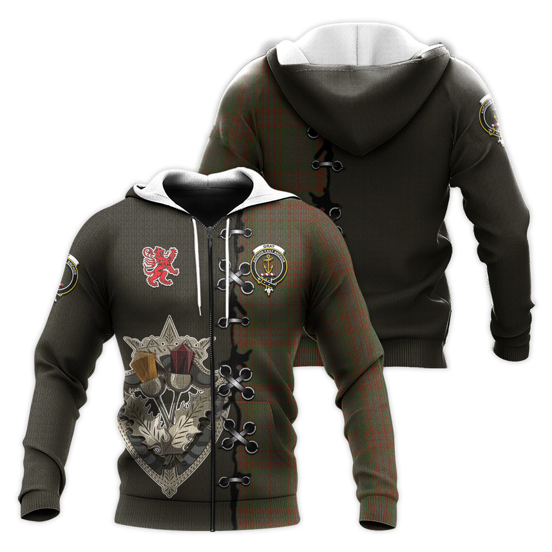Printivon Gray Tartan Hoodie Lion Rampant And Celtic Thistle Style