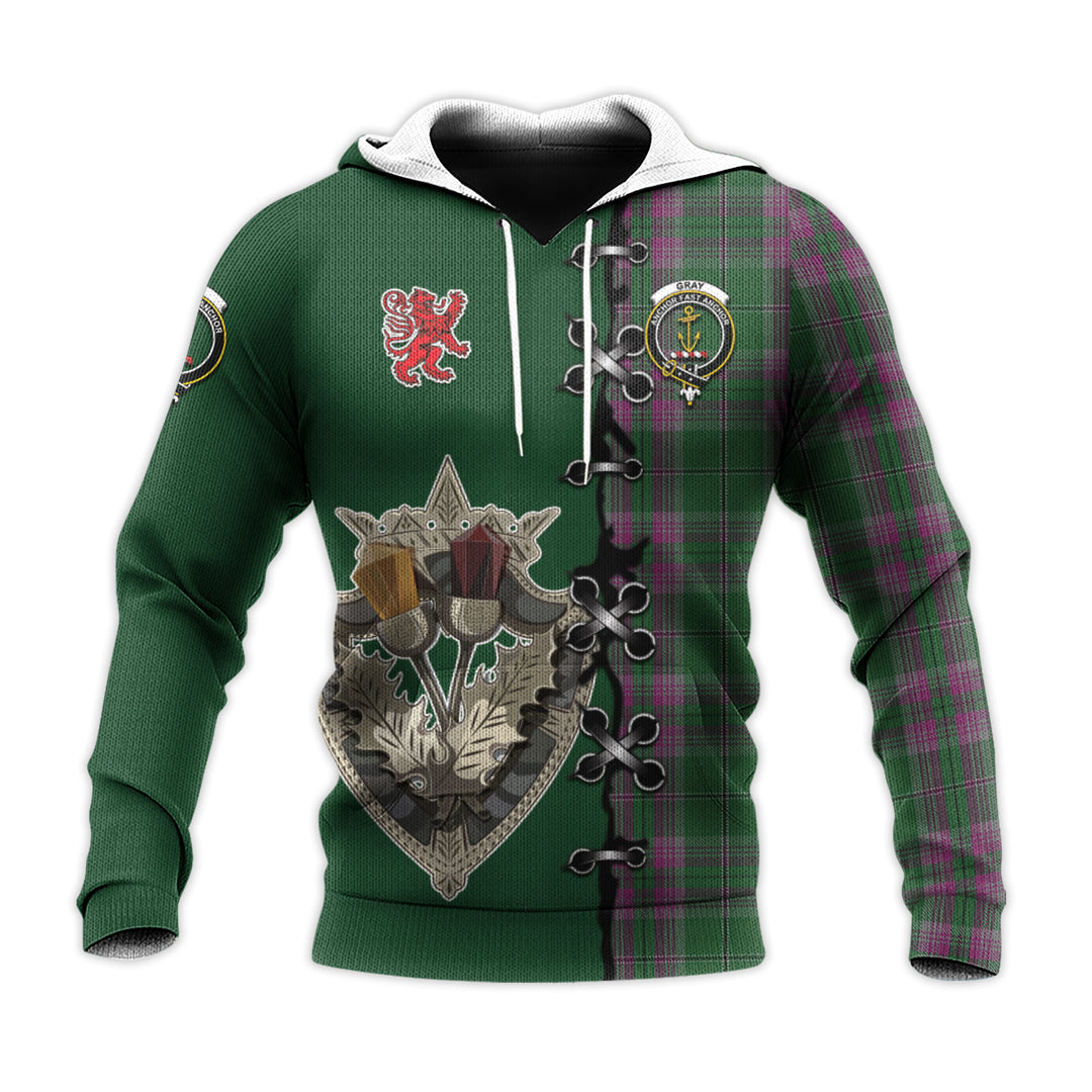 Printivon Gray Hunting Tartan Hoodie Lion Rampant And Celtic Thistle Style
