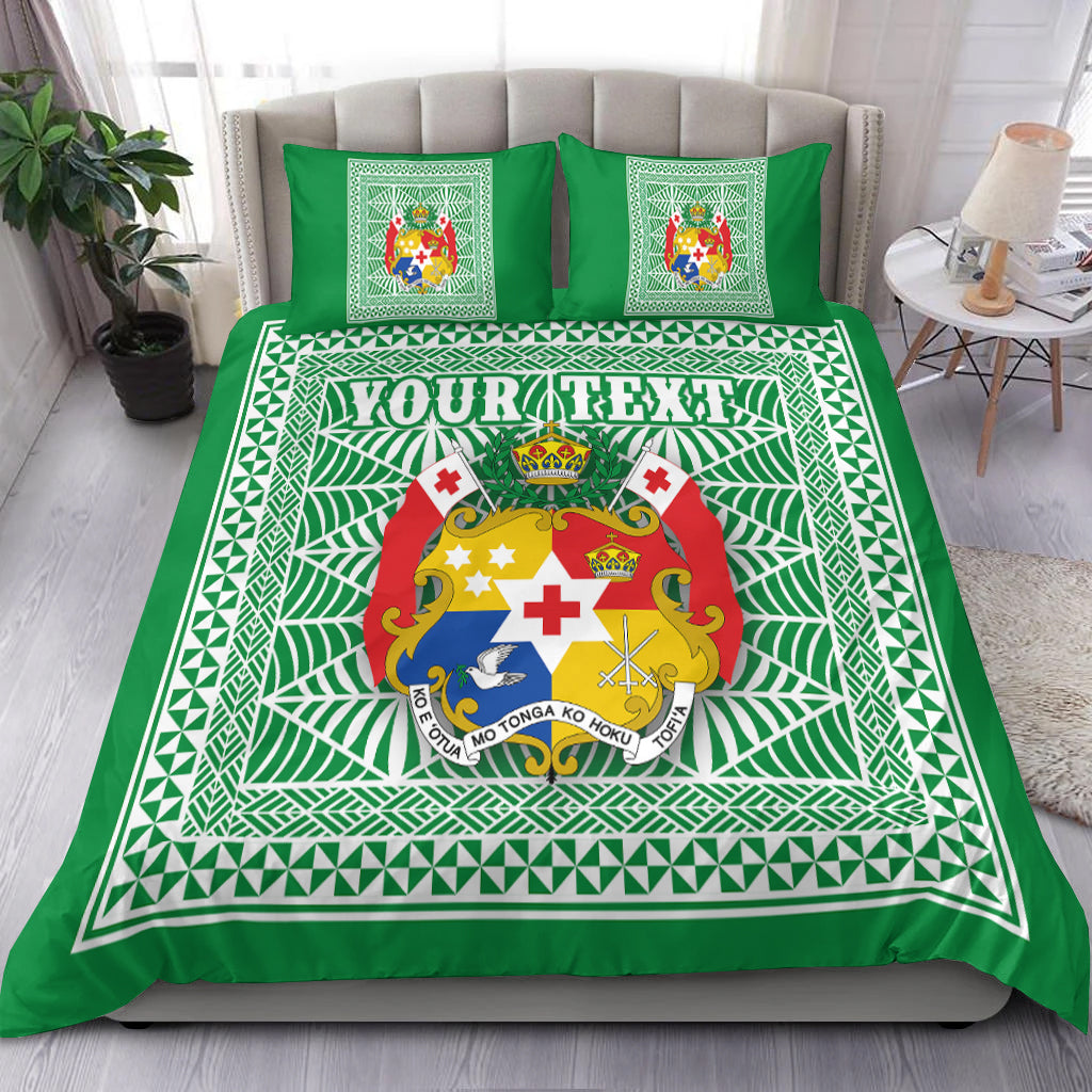 (Custom Personalised) Tonga Pattern Bedding Set Coat of Arms Green and White