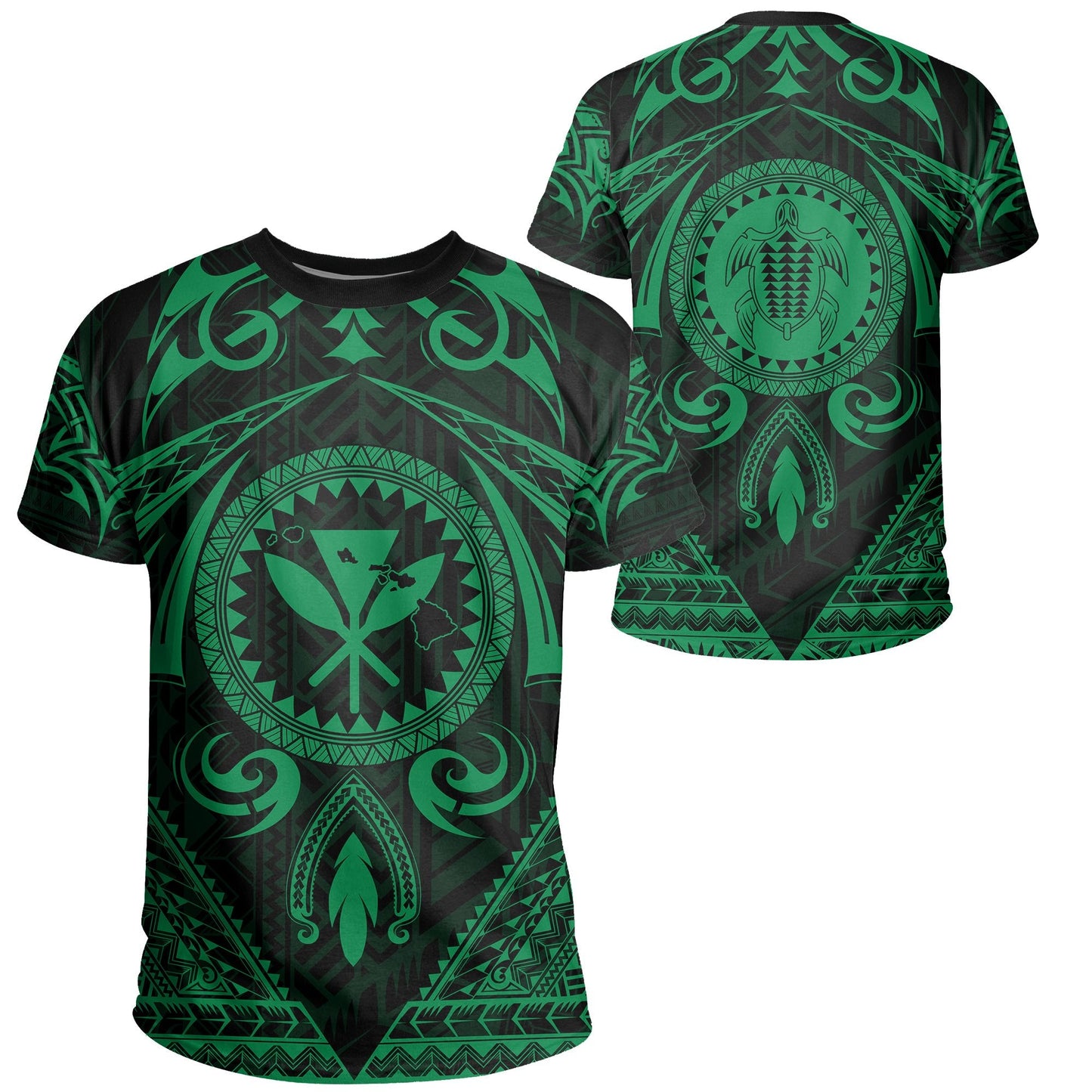 Hawaii Map Kanaka Turtle Polynesian T-Shirt Circle Style Green