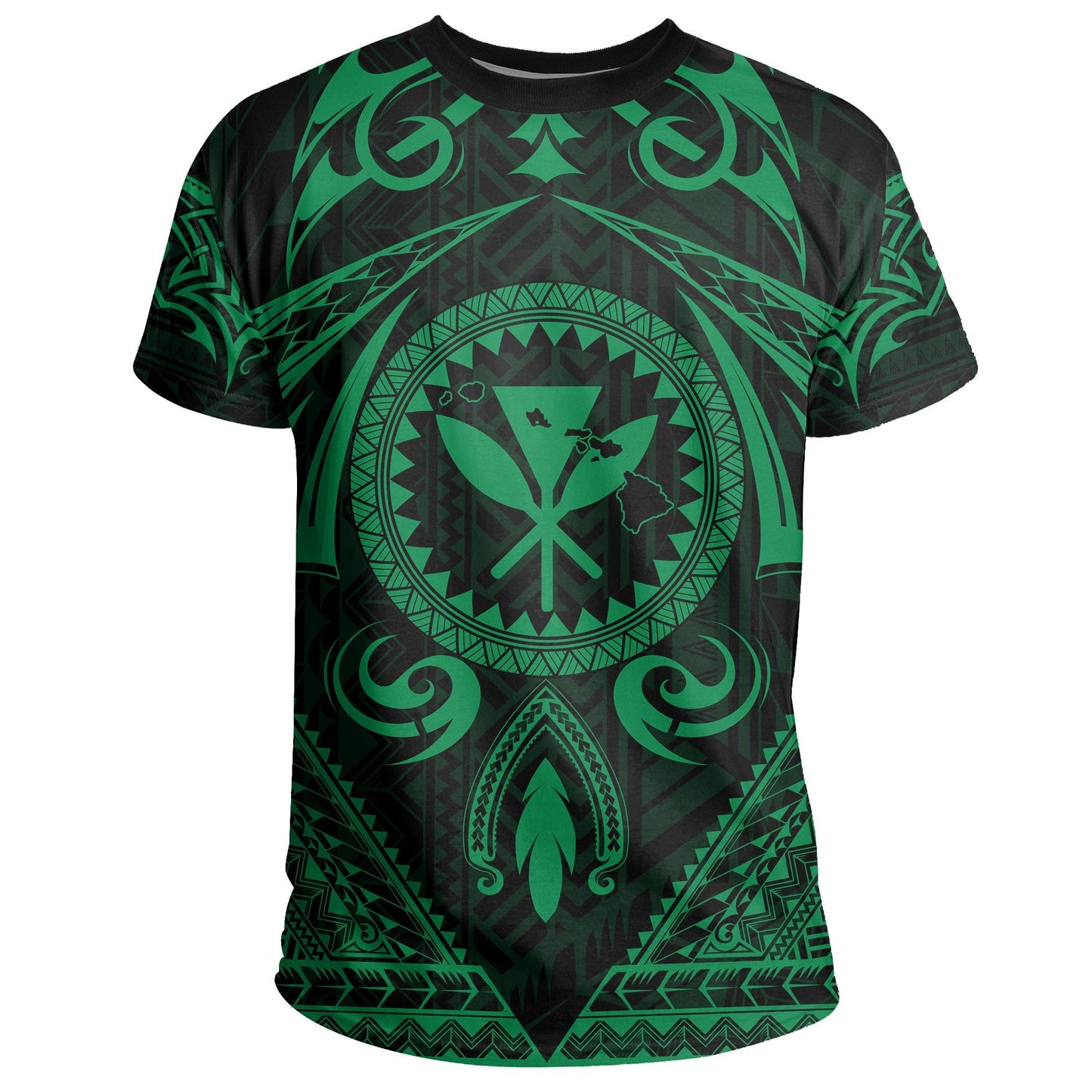 Hawaii Map Kanaka Turtle Polynesian T-Shirt Circle Style Green