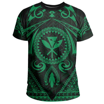 Hawaii Map Kanaka Turtle Polynesian T-Shirt Circle Style Green