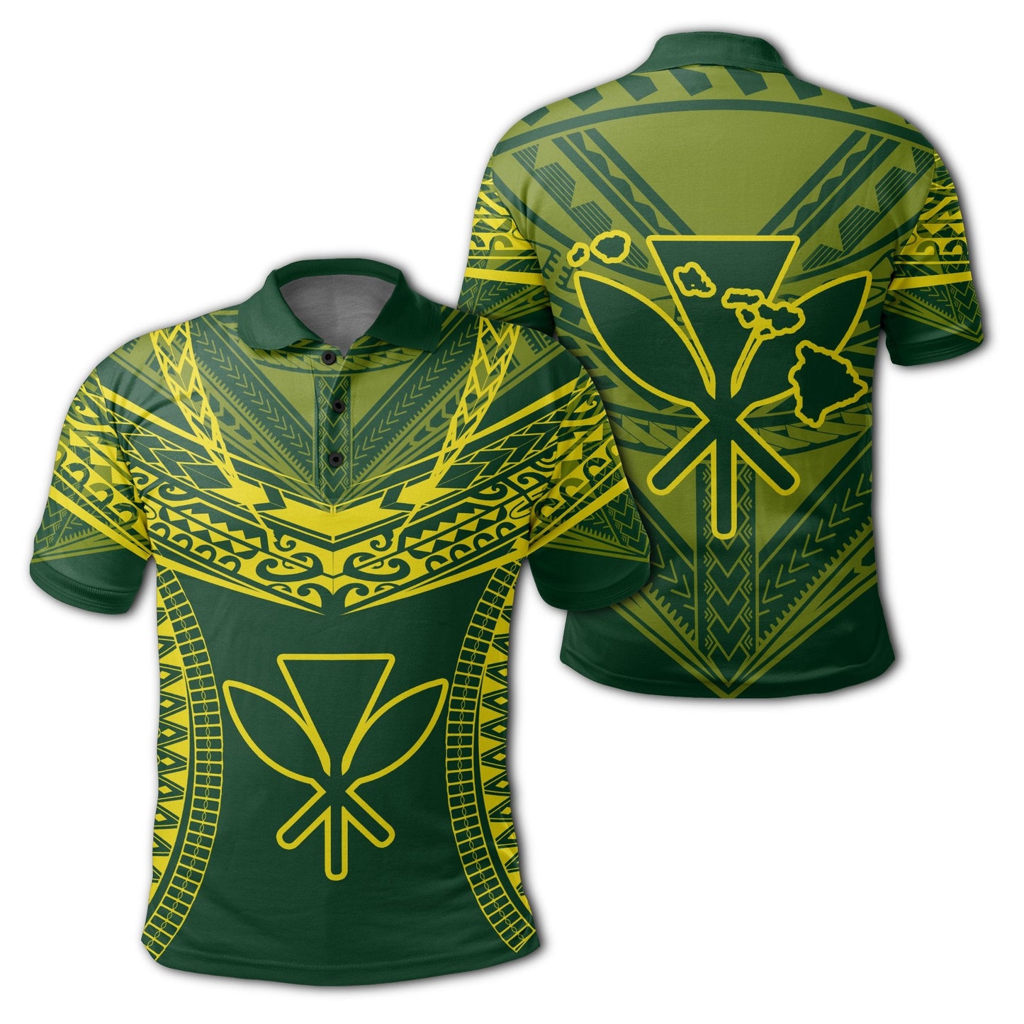 Hawaiian Kanaka Map Football Jersey Polo Shirt - Green And Yellow - Roger Style - AH