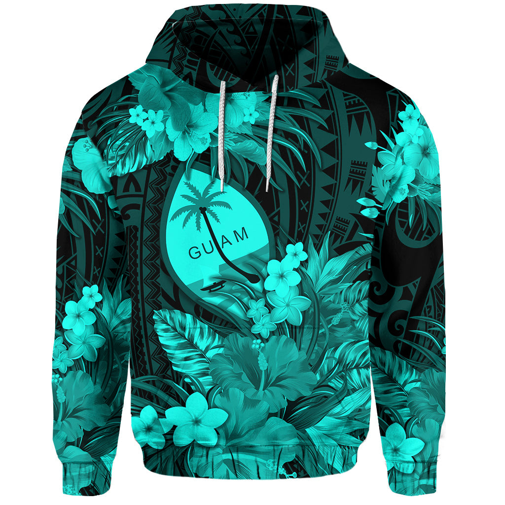Guam Polynesian Hoodie Tropical Flowers Turquoise Zip Hoodie