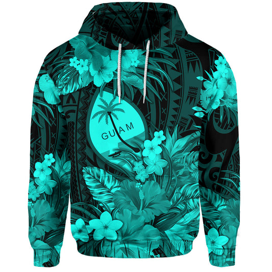 Guam Polynesian Hoodie Tropical Flowers Turquoise Zip Hoodie