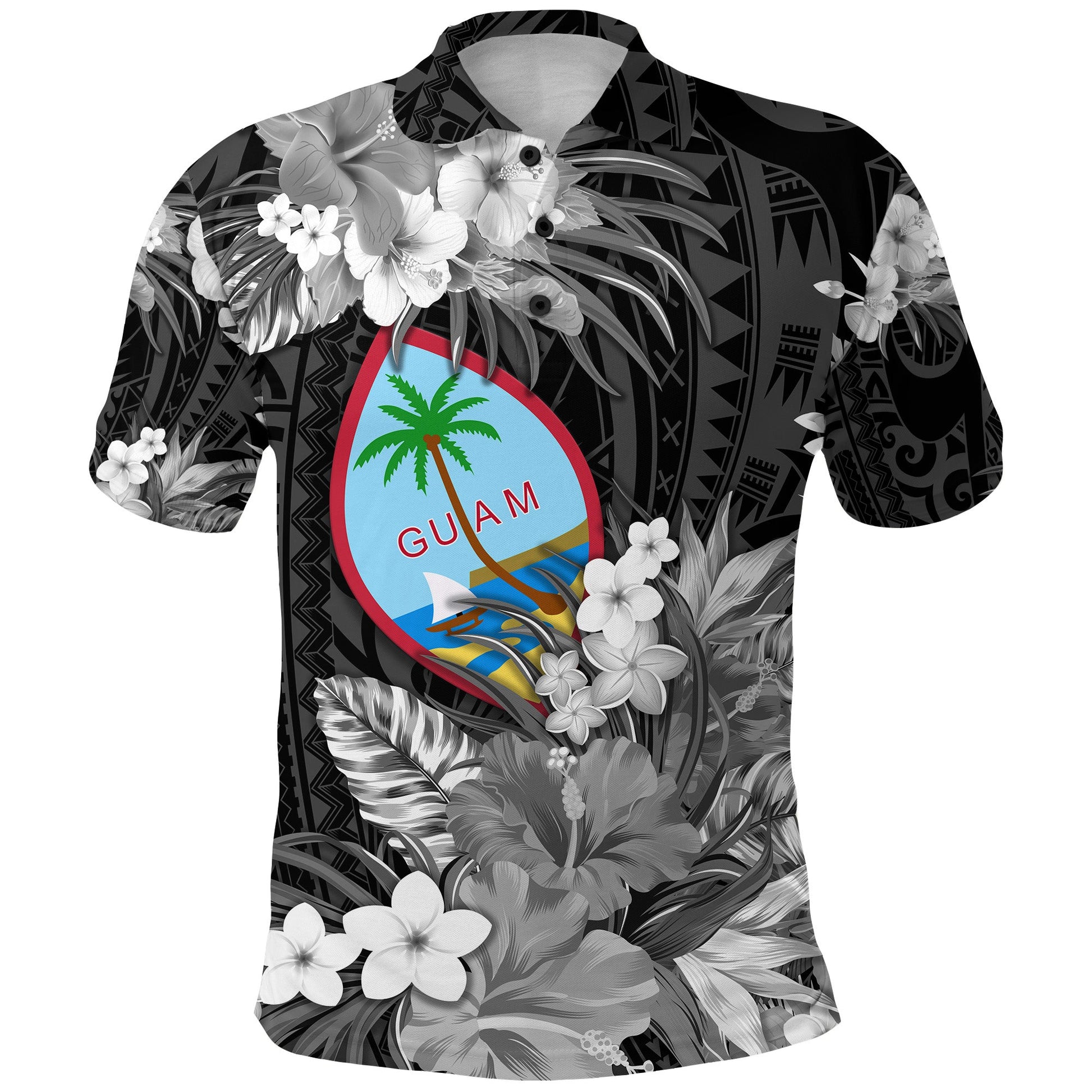 Guam Polynesian Polo Shirt Tropical Flowers - Black
