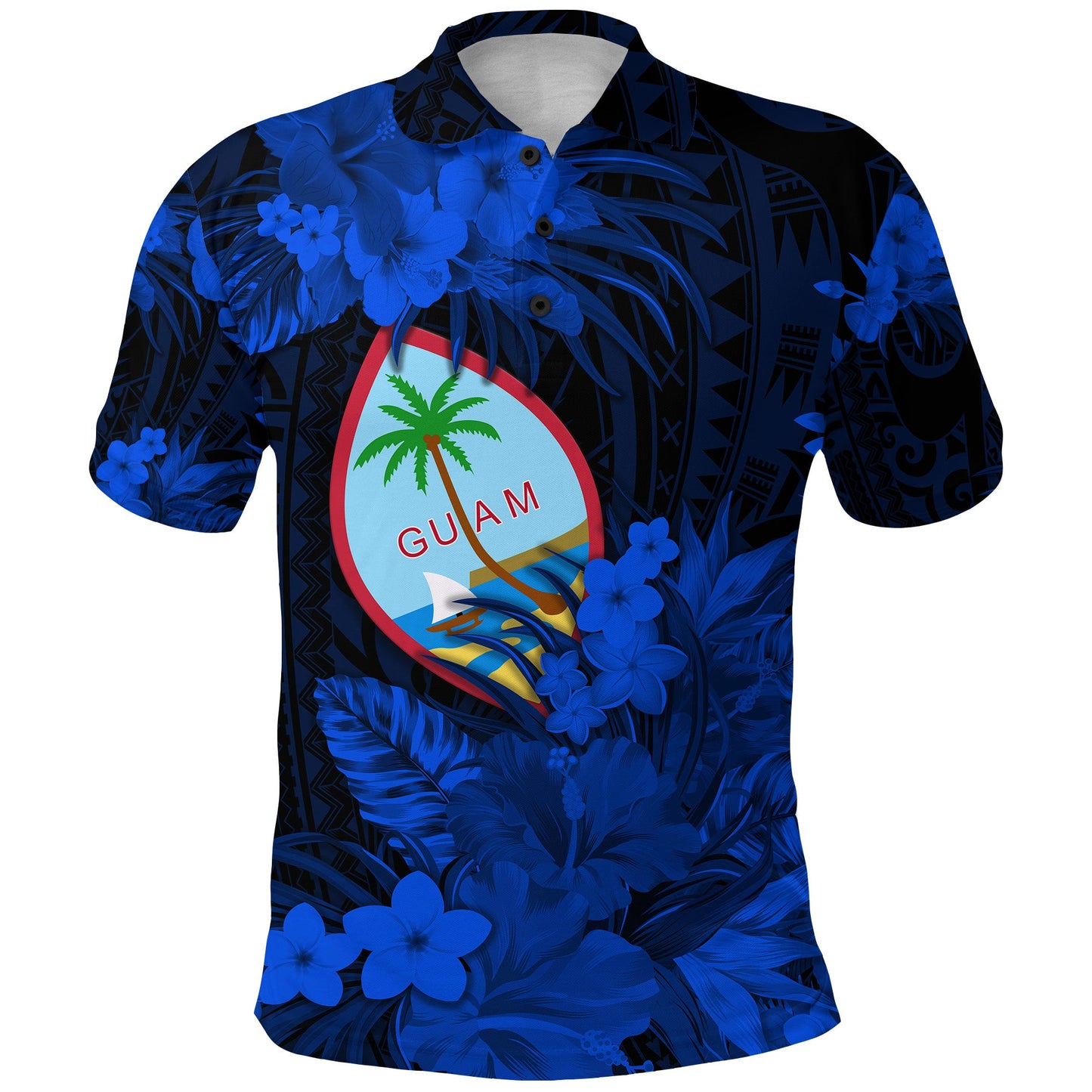 Guam Polynesian Polo Shirt Tropical Flowers - Blue
