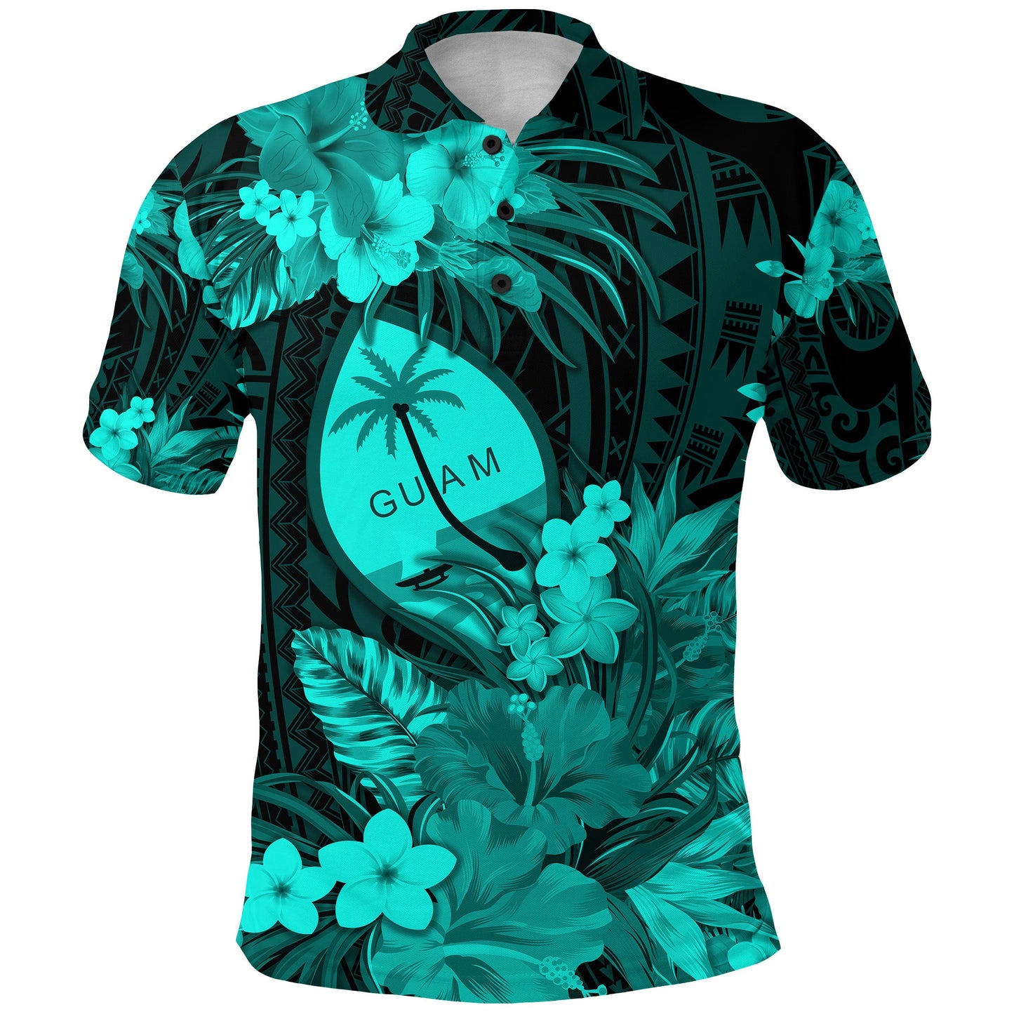 Guam Polynesian Polo Shirt Tropical Flowers - Turquoise