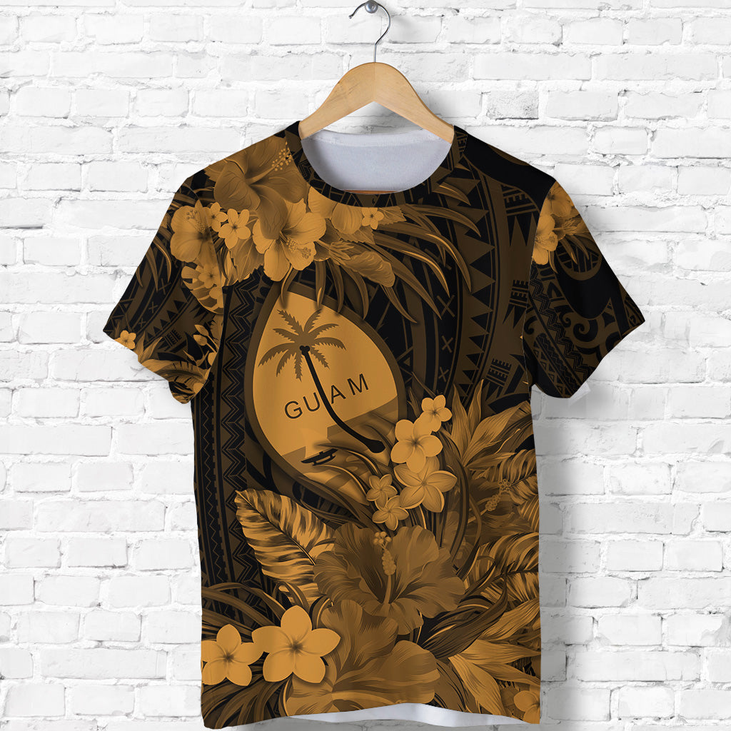 Guam Polynesian T Shirt Tropical Flowers Tan