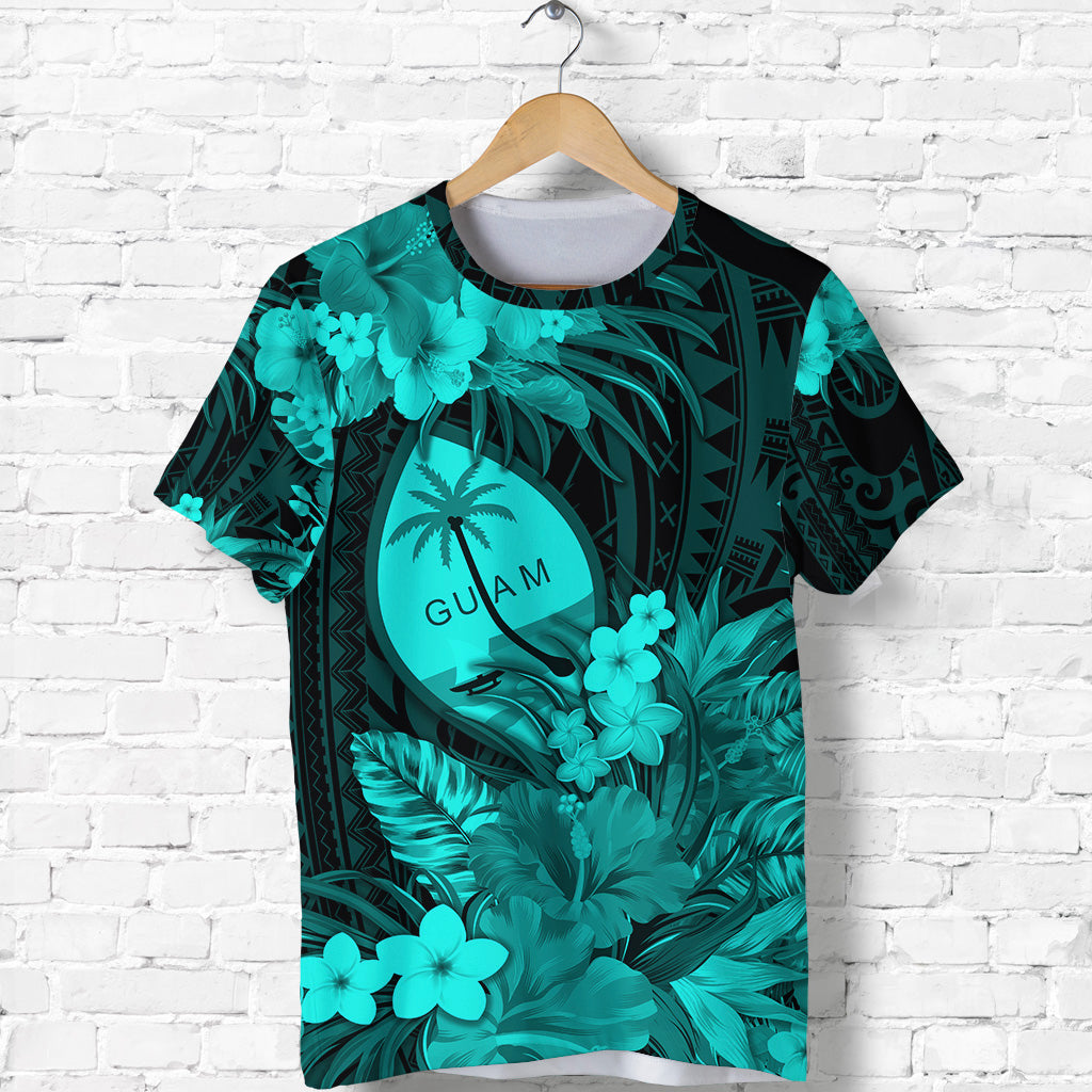 Guam Polynesian T Shirt Tropical Flowers Turquoise