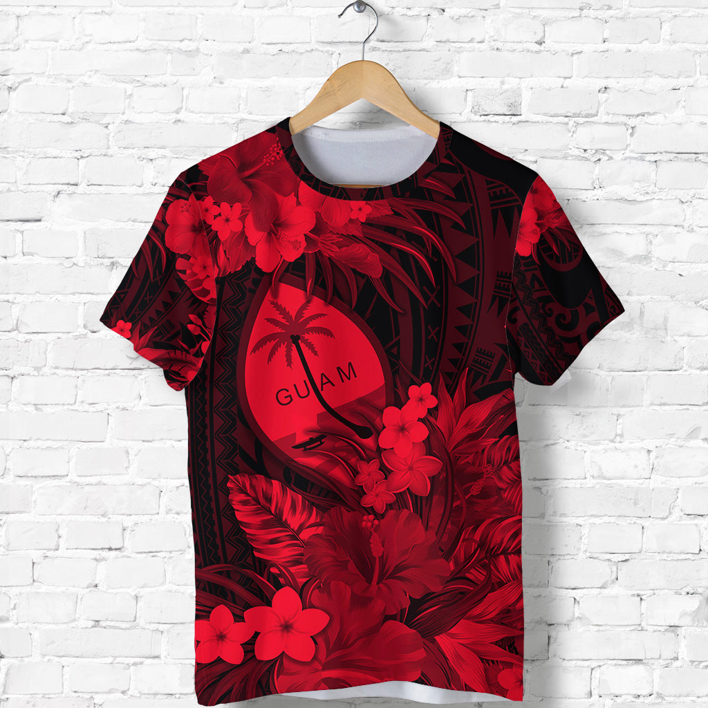 Guam Polynesian T Shrt Tropical Flowers Red