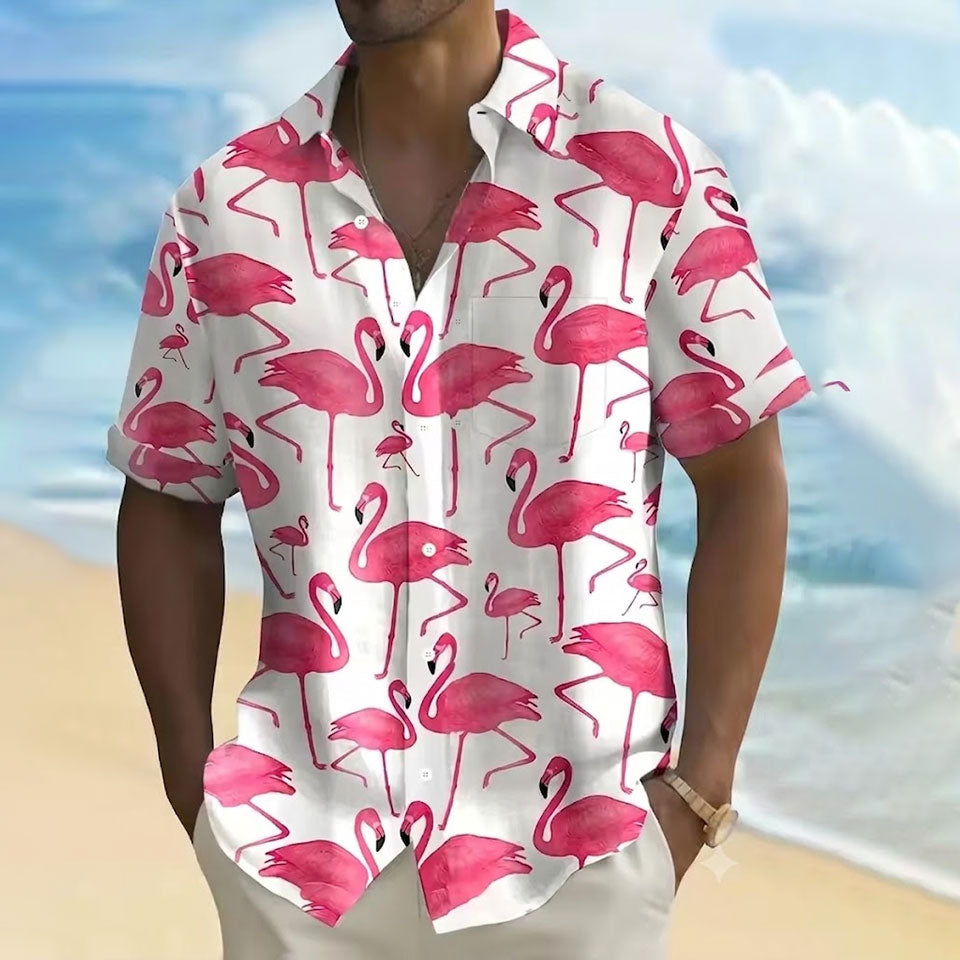 Flamingo Pattern Summer Hawaiian Shirt Tropical Island Summer Printed Short Sleeve Shirt
