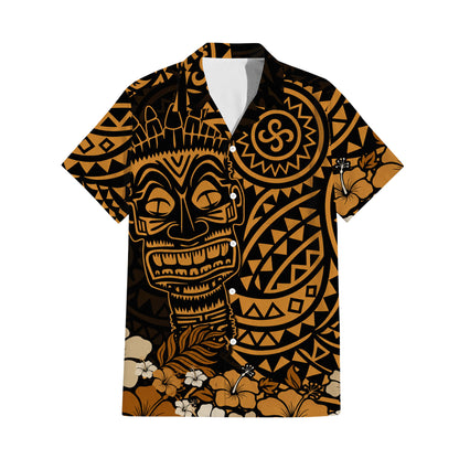 Polynesian Flowers Tiki Mask Pattern Matching Outfit For Couple Island Puletasi Dress And Hawaiian Shirt For Her Him