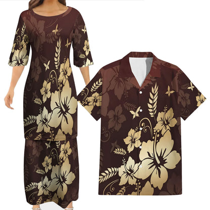 Vintage Polynesian Flowers Pattern Matching Outfit For Couple Tropical Island Puletasi Dress Man Shirt For Her Him