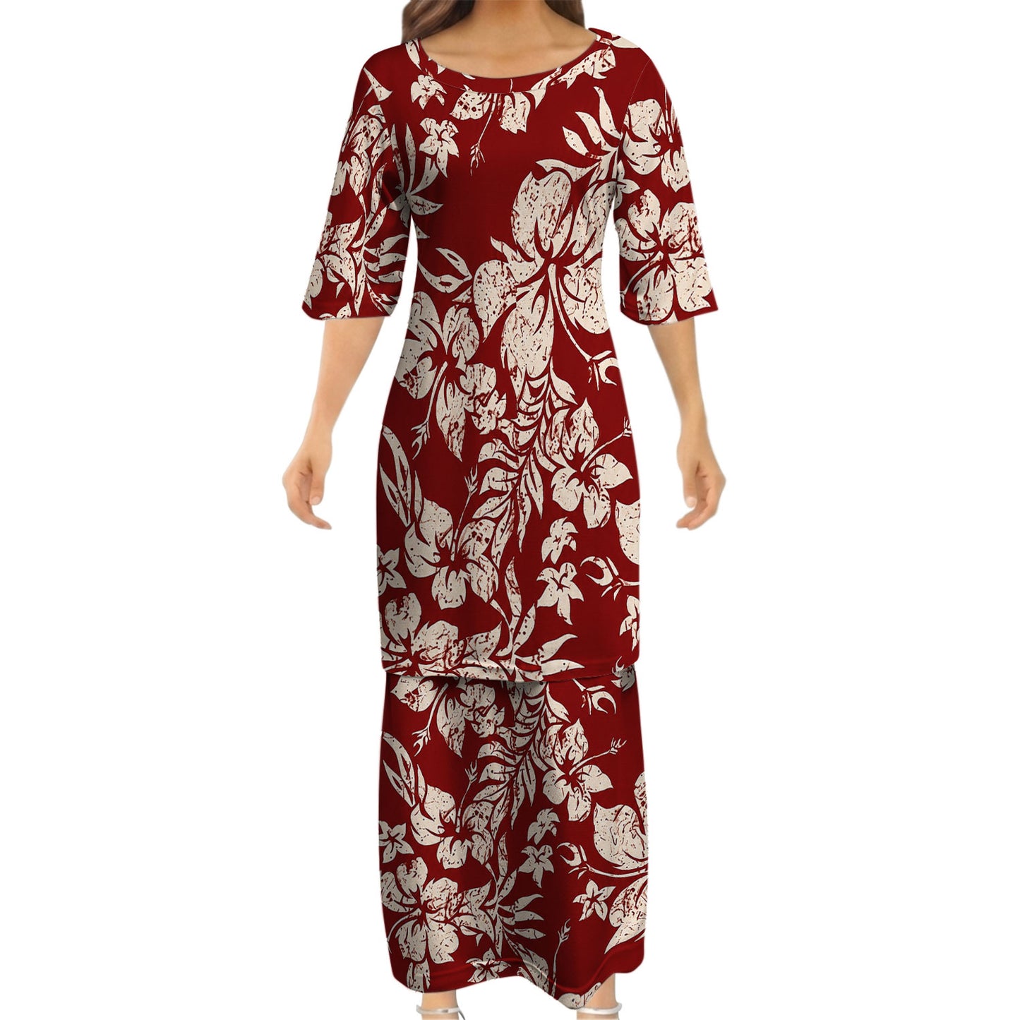Vintage Polynesian Hibiscus Flowers Tropical Island Red Puletasi Dress And Hawaiian Shirt For Her Him
