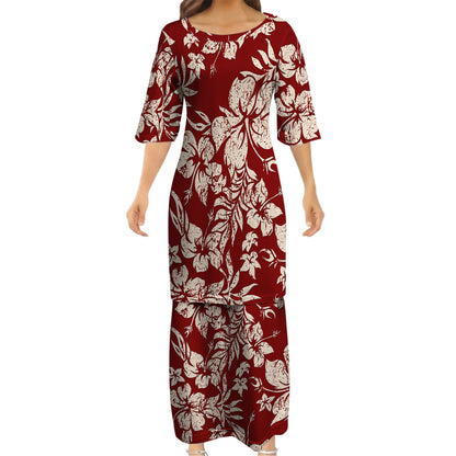 Vintage Polynesian Hibiscus Flowers Tropical Island Red Puletasi Dress And Hawaiian Shirt For Her Him