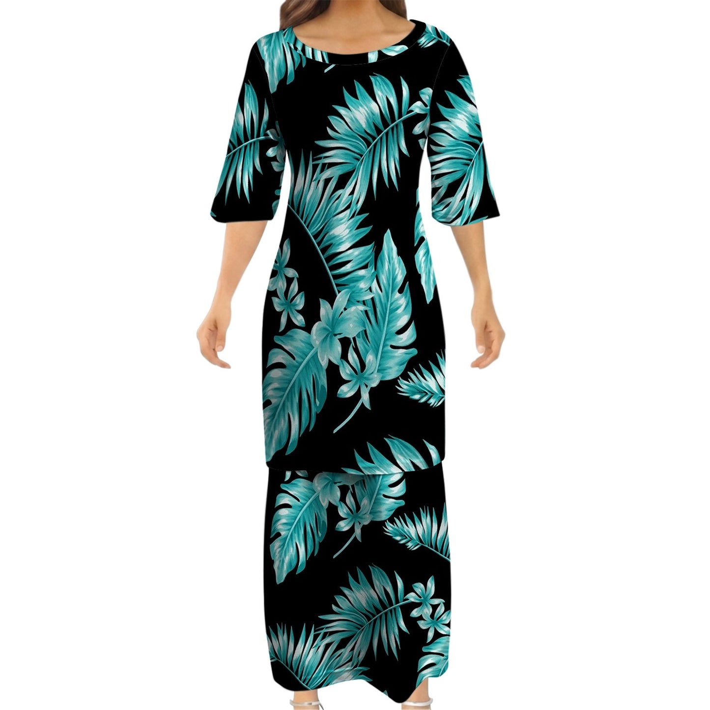 Polynesian Tropical Tree Black Matching Outfit For Couple Island Puletasi Dress And Hawaiian Shirt For Her Him