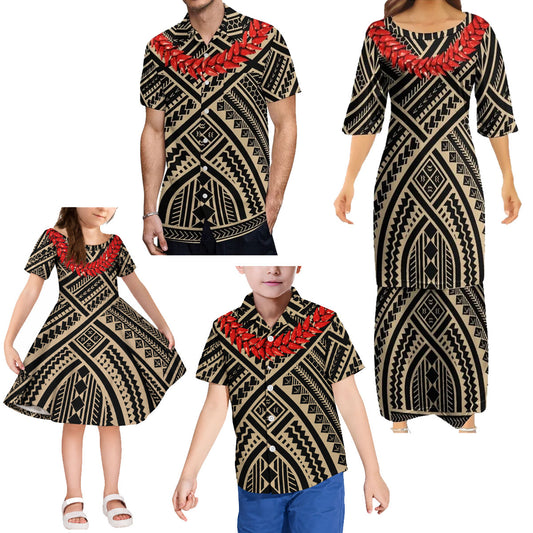 Polynesian Tribal Pattern Family Set Women's Puletasi Men'S Shirt Adult Children Matching Outfit For Family