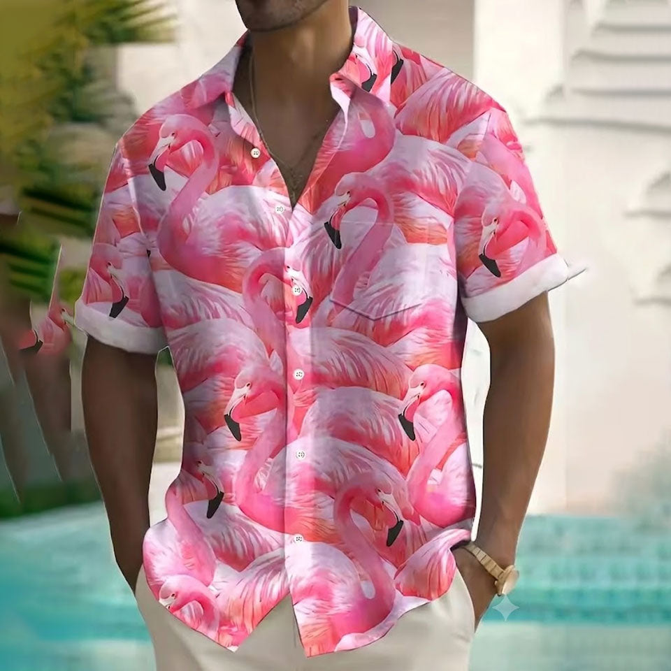 Flamingo Pattern Hawaiian Shirt Tropical Island Summer Printed Short Sleeve Shirt