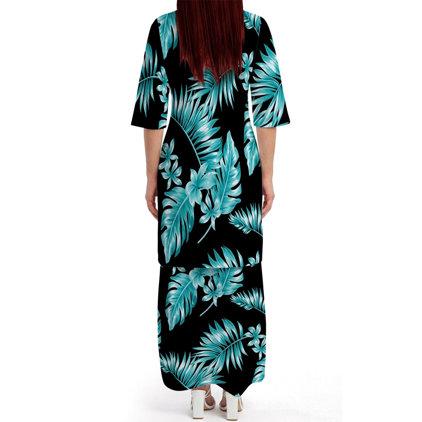 Polynesian Tropical Tree Black Matching Outfit For Couple Island Puletasi Dress And Hawaiian Shirt For Her Him