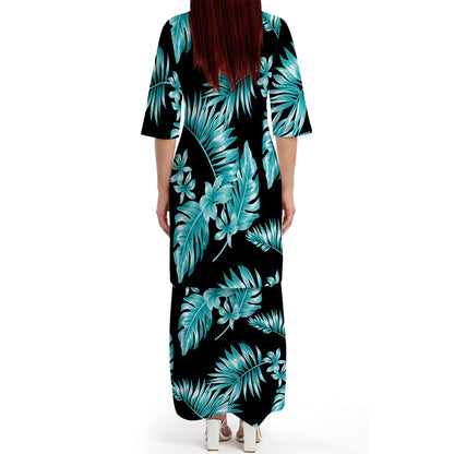 Polynesian Tropical Tree Black Matching Outfit For Couple Island Puletasi Dress And Hawaiian Shirt For Her Him
