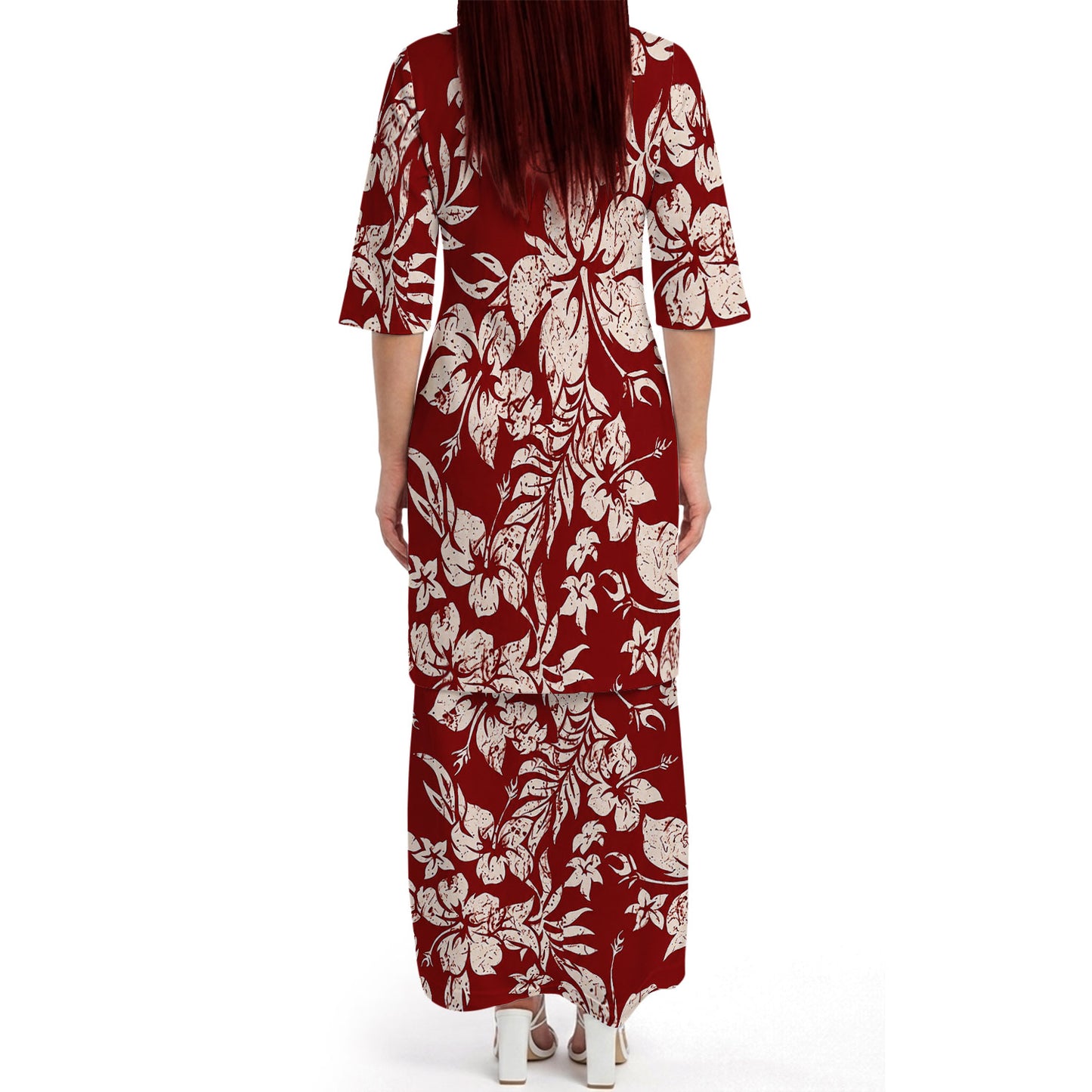 Vintage Polynesian Hibiscus Flowers Tropical Island Red Puletasi Dress And Hawaiian Shirt For Her Him