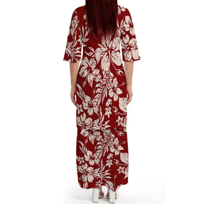 Vintage Polynesian Hibiscus Flowers Tropical Island Red Puletasi Dress And Hawaiian Shirt For Her Him