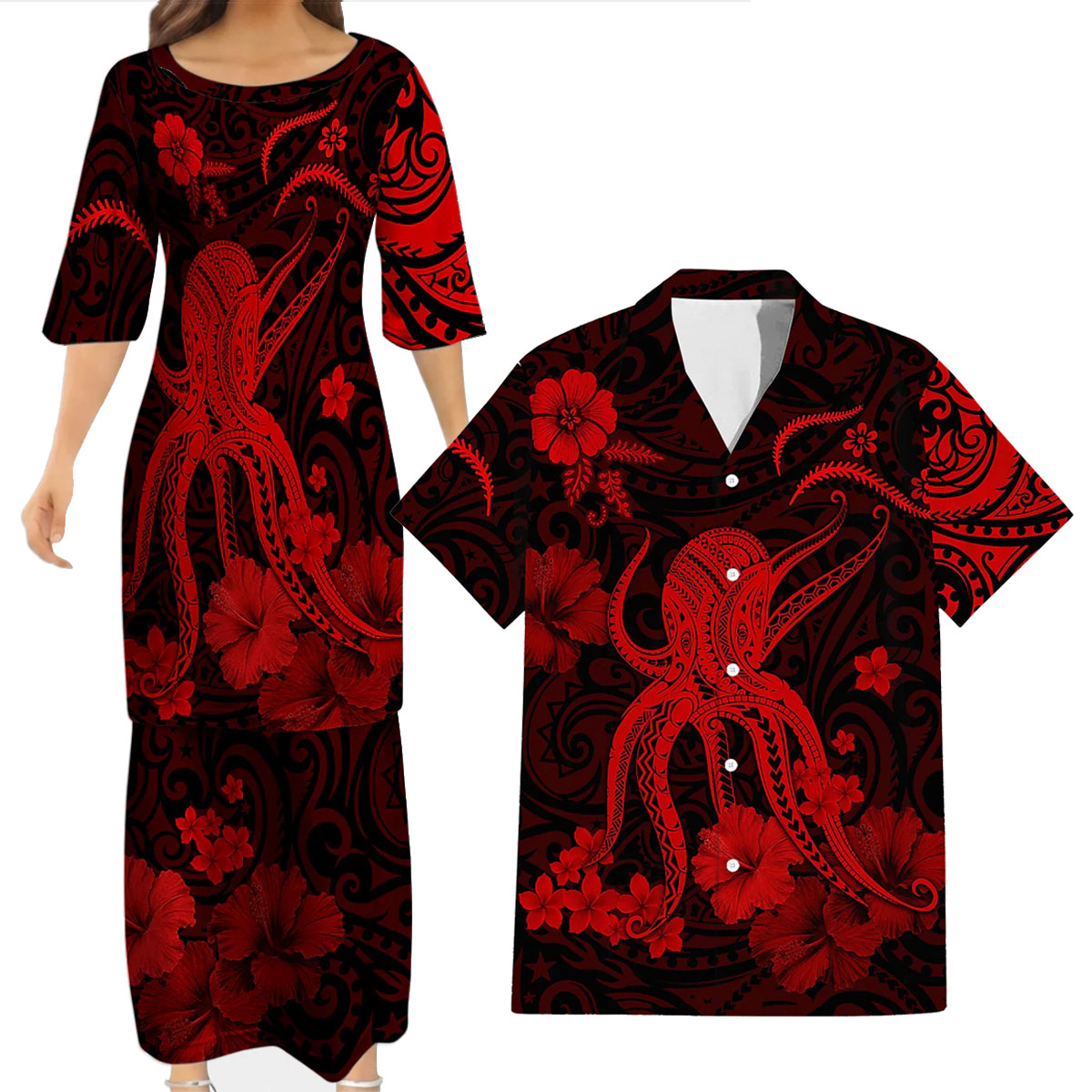Polynesia Red Octopus Matching Outfit For Couple Tropical Island Puletasi Dress Man Shirt For Her Him