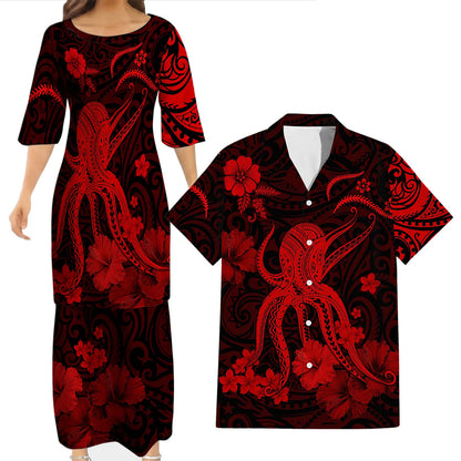 Polynesia Red Octopus Matching Outfit For Couple Tropical Island Puletasi Dress Man Shirt For Her Him