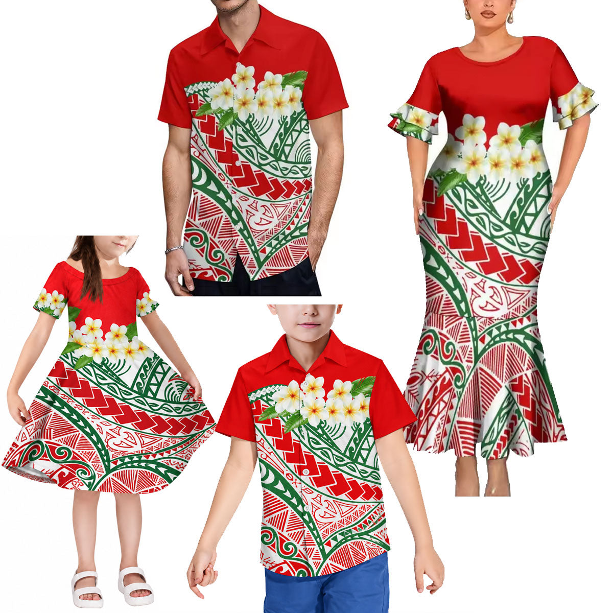Polynesian Tribal Flowers Pattern Red Matching Outfit For Family Island Short Sleeve Mermaid Long Dress And Shirt