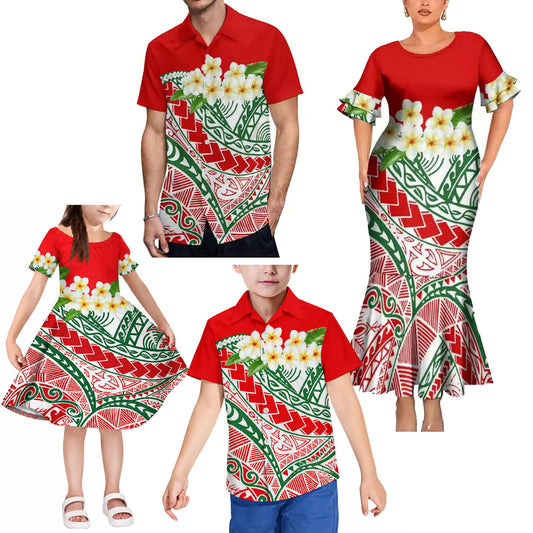 Polynesian Tribal Flowers Pattern Red Matching Outfit For Family Island Short Sleeve Mermaid Long Dress And Shirt