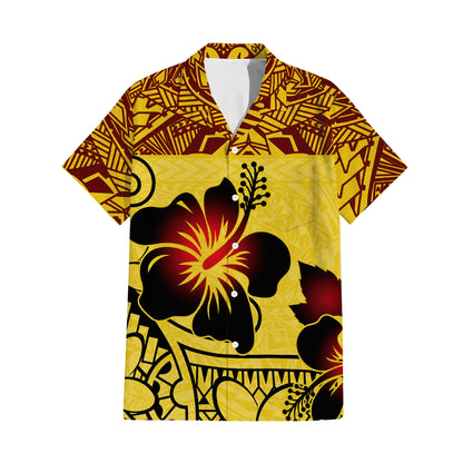 Polynesian Tribal Hibiscus Flowers Yellow Matching Outfit For Couple Island Puletasi Dress And Hawaiian Shirt For Her Him