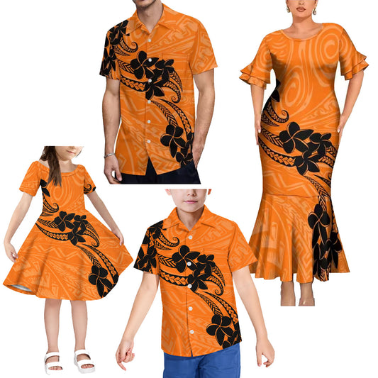 Polynesian Tribal Flowers Pattern Orange Matching Outfit For Family Island Short Sleeve Mermaid Long Dress And Shirt
