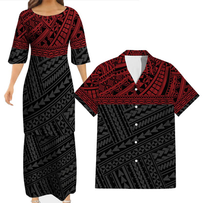 Polynesian Tribal Pattern Red Matching Outfit For Couple Tropical Island Puletasi Dress Man Shirt For Her Him