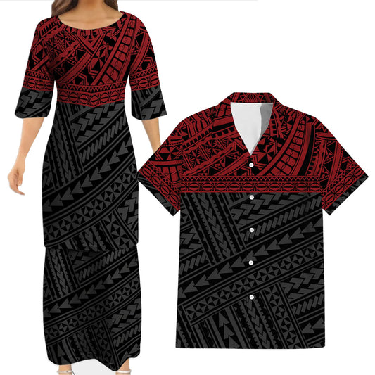 Polynesian Tribal Pattern Red Matching Outfit For Couple Tropical Island Puletasi Dress Man Shirt For Her Him