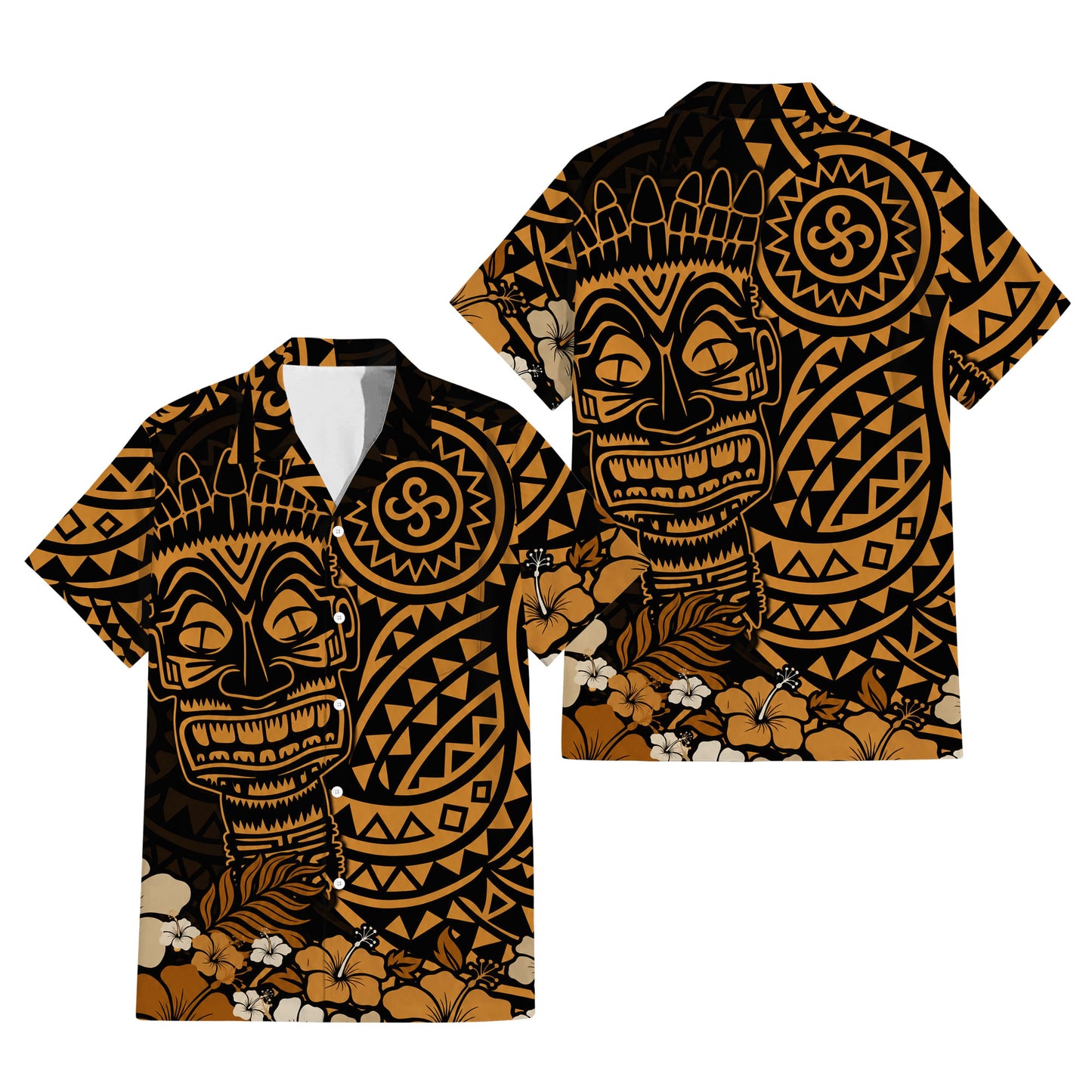 Polynesian Flowers Tiki Mask Pattern Matching Outfit For Couple Island Puletasi Dress And Hawaiian Shirt For Her Him