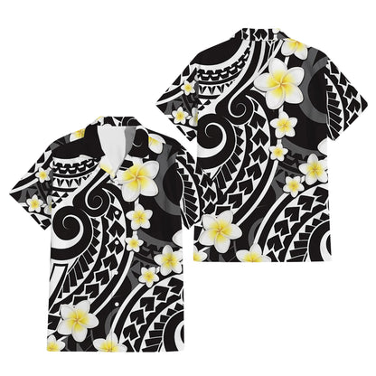 Polynesian Tribal Plumeria Flowers Matching Outfit For Couple Island Puletasi Dress And Hawaiian Shirt For Her Him