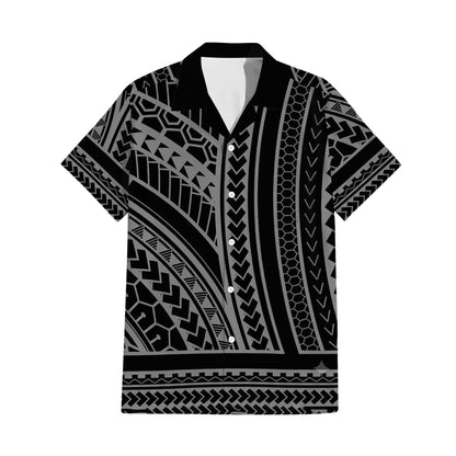 Polynesian Tribal Pattern Printed Black Matching Outfit For Couple Island Puletasi Dress And Hawaiian Shirt For Her Him