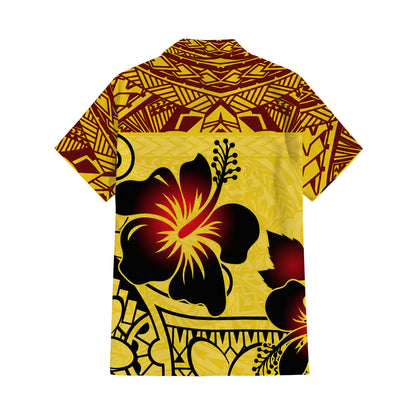 Polynesian Tribal Hibiscus Flowers Yellow Matching Outfit For Couple Island Puletasi Dress And Hawaiian Shirt For Her Him