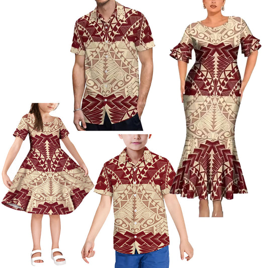 Polynesian Tribal Pattern Matching Outfit For Family Island Short Sleeve Mermaid Long Dress And Shirt