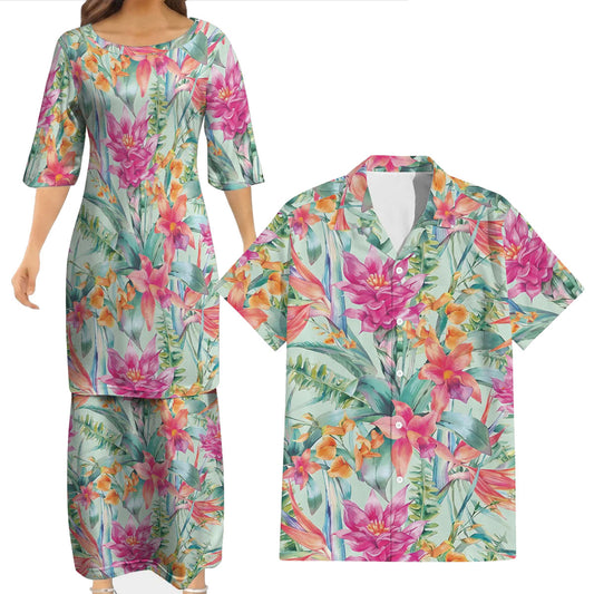 Hawaii Watercolor Vintage Floral Tropical Matching Outfit For Couple Tropical Island Puletasi Dress Man Shirt For Her Him