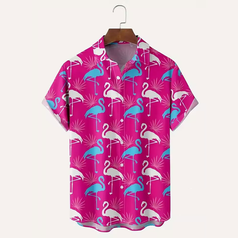 Flamingo Hawaiian Shirt Tropical Island Summer Printed Short Sleeve Shirt