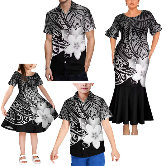 Polynesian Black Flowers Pattern Matching Outfit For Family Island Short Sleeve Mermaid Long Dress And Shirt