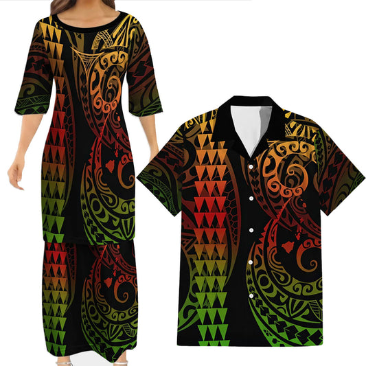 Reggae Island Polynesian Tribal Pattern Matching Outfit For Couple Tropical Island Puletasi Dress Man Shirt For Her Him